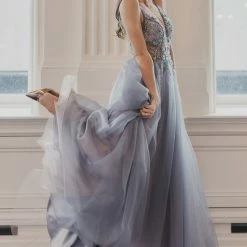 In Stock Ballgown Dresses Andrea & Leo OPHELIA A0672 Size 10 Long Shimmer Maxi Slit Sheer Formal Dress A Line Beaded