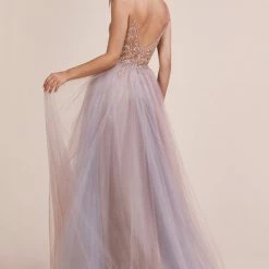 In Stock Ballgown Dresses Andrea & Leo OPHELIA A0672 Size 10 Long Shimmer Maxi Slit Sheer Formal Dress A Line Beaded