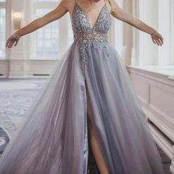 In Stock Ballgown Dresses Andrea & Leo OPHELIA A0672 Size 10 Long Shimmer Maxi Slit Sheer Formal Dress A Line Beaded