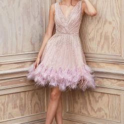 Andrea & Leo Couture Andrea & Leo WREN A1012 Short Beaded Feather Cocktail Dress V Neck Formal Gown