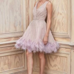 Andrea & Leo Couture Andrea & Leo WREN A1012 Short Beaded Feather Cocktail Dress V Neck Formal Gown