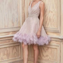 In Stock Andrea & Leo WREN A1012 Size 12 Short Beaded Feather Cocktail Dress V Neck Formal Gown