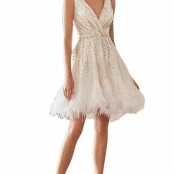 Andrea & Leo Couture Andrea & Leo WREN A1012 Short Beaded Feather Cocktail Dress V Neck Formal Gown