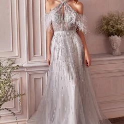 In Stock Andrea & Leo ANASTASIA A1023 Size 6 A Line Sheer Feather Beaded Formal Dress Off Shoulder