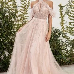 In Stock Andrea & Leo ANASTASIA A1023 Size 6 A Line Sheer Feather Beaded Formal Dress Off Shoulder