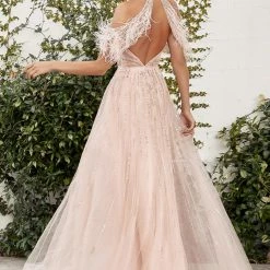 In Stock Andrea & Leo ANASTASIA A1023 Size 6 A Line Sheer Feather Beaded Formal Dress Off Shoulder