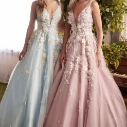 In Stock Ballgown Dresses Andrea & Leo Gardenia A1028 Size 8 Long Shimmer Ball Gown 3D Lace Formal Dress V Neck