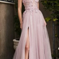 In Stock Corset Dresses Andrea & Leo MEGARA A1057 Size 10 Shimmer A Line Ballgown Slit Formal Dress Sheer Floral Gown