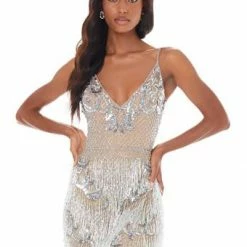 Ashleylauren Ashley Lauren 1817X V Neckline Fitted Fringe Pageant Dress Evening Gown Prom Dress