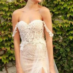 Nox Anabel E441 Off The Shoulder Sheer Lace Wedding Dress Slit Overskirt Bridal Gown Boho