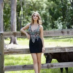 In Stock Primavera Couture 3331 Size 14 Short Fitted Floral Beaded Dress Backless Backless Dresses