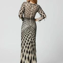 Discontinued Primavera Couture 3369 Diamond Beaded Evening Gown Long Sleeves Sheer Back Long Sleeve Dresses