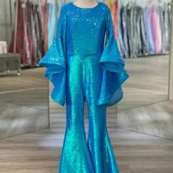 Sequin Dresses Ashley Lauren Kids 8071 Sequin Jumpsuit Long Bell Sleeve Pageant Fun Fashion