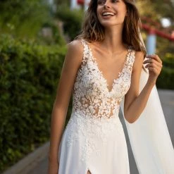 White One Bridal AMA Pronovias Wedding Dress Sexy Sheer Lace Gown Slit Train