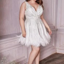 In Stock Andrea & Leo WREN A1012 Size 12 Short Beaded Feather Cocktail Dress V Neck Formal Gown