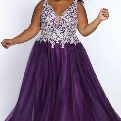 Sydney's Closet SC7291 V Neckline Lace Bodice Tulle Ball Gown Prom Dress Corset Formal SC 7291 Ballgown Dresses