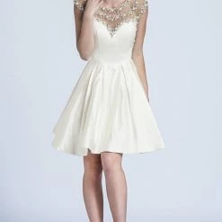 In Stock Ashley Lauren 4027 Short Fit & Flare Cocktail Dress Sheer Embellished Back Gown