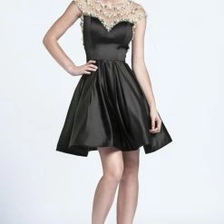 In Stock Ashley Lauren 4027 Short Fit & Flare Cocktail Dress Sheer Embellished Back Gown