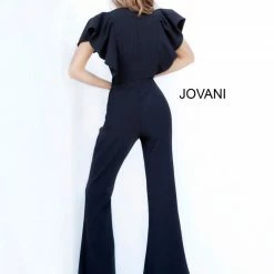 Jovani 00762 Ruffle Top Bell Bottoms Jumpsuit Pageant Skinny V Neck Suit Couture Jumpsuits & Rompers