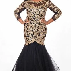 In Stock Tease Prom 2022 Size 16 Black Gold Fitted Long Sleeve Mermaid Prom Dress