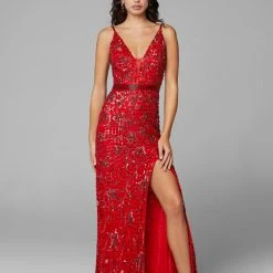 Primavera Couture 3630 Long Fitted Beaded Formal Prom Dress Slit V Neck Backless