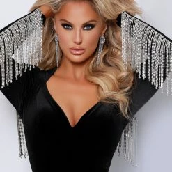 Backless Dresses Johnathan Kayne 2419 Long Velvet Jumpsuit Crystal Fringe Long Sleeve Backless Pageant