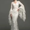 In Stock Long Sleeve Dresses Johnathan Kayne Bridal B110 Size 12 Lace Long Bell Sleeve Wedding Dress Fitted Sheer