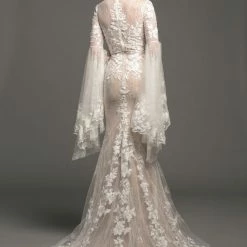 In Stock Long Sleeve Dresses Johnathan Kayne Bridal B110 Size 12 Lace Long Bell Sleeve Wedding Dress Fitted Sheer