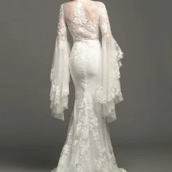 In Stock Long Sleeve Dresses Johnathan Kayne Bridal B110 Size 12 Lace Long Bell Sleeve Wedding Dress Fitted Sheer