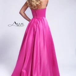 In Stock Ballgown Dresses Allie Blu 5304 Size 10 Long Satin A Line Ballgown Embellished Pockets Prom Dress