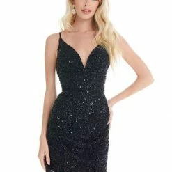 Ashleylauren Ashley Lauren 4407 Sky Blue Cocktail Dress Sequins V Neckline Homecoming Dress