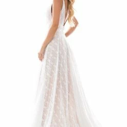 Nina Canacci 6553 Boho Lace A Line Wedding Dress With Slit Evening Gown V Neckline
