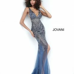 Backless Dresses Jovani 1863 Long Fitted Sheer Beaded Formal Sexy Dress Slit Prom Pageant Crystal