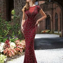 Discontinued Long Sleeve Dresses Primavera Couture 3190 Nude Beaded Evening Gown