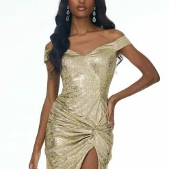 Ashleylauren Ashley Lauren 4428 Cocktail Dress Off Shoulder Twist Knot Short Homecoming Dress Metallic Dresses