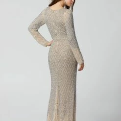 Discontinued Primavera Couture 3361 Sizes 2-24 Beige Long Sleeve Beaded Evening Gown