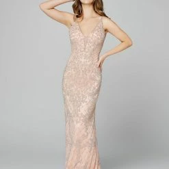 In Stock Primavera Couture 3433 Blush Prom Dress Long Beaded V Neckline Formal Dress Backless Dresses