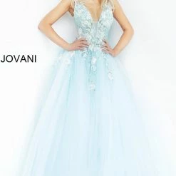 Jovani 11092 Long Sheer A Line Ballgown Formal Dress Floral Applique Romantic Ballgown Dresses