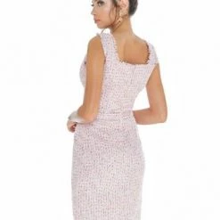 Ashleylauren Ashley Lauren 4280 Pink Tweed Cocktail Dress Square Neckline Above Knee Length