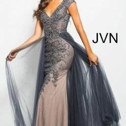In Stock Jovani JVN 60967 Size 6 Long Overskirt Prom Pageant Dress Embellished Gown Long Sleeve Dresses