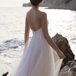 In Stock White One Bridal BETHANY Size 14 Long Sheer Glitter Wedding Dress Applique