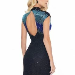 Ashleylauren Sequin Dresses Ashley Lauren 4305 High Neckline Liquid Beading Short Fitted Cocktail Dress
