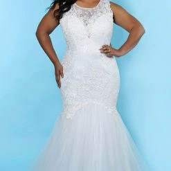 Mermaid Dresses Sydney's Closet SC5231 Plus Sized Mermaid Wedding Dress Sheer Lace Neckline SC 5231 Tiana