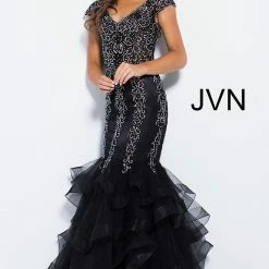 In Stock Mermaid Dresses Jovani JVN 55878 Black Size 2 Cap Sleeve Mermaid Prom Dress Embellished Evening Gown