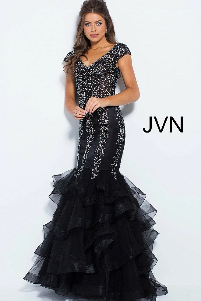 In Stock Mermaid Dresses Jovani JVN 55878 Black Size 2 Cap Sleeve Mermaid Prom Dress Embellished Evening Gown 4 In Stock Mermaid Dresses Jovani JVN 55878 Black Size 2 Cap Sleeve Mermaid Prom Dress Embellished Evening Gown