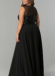 In Stock Sydney's Closet 1810 Size 28, 32 Long Prom Dress High Neck Flowing Navy Plus