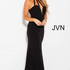 In Stock Backless Dresses Jovani JVN 60600 Size 6 Glitter Jersey Sexy Black Formal Dress Backless Strappy