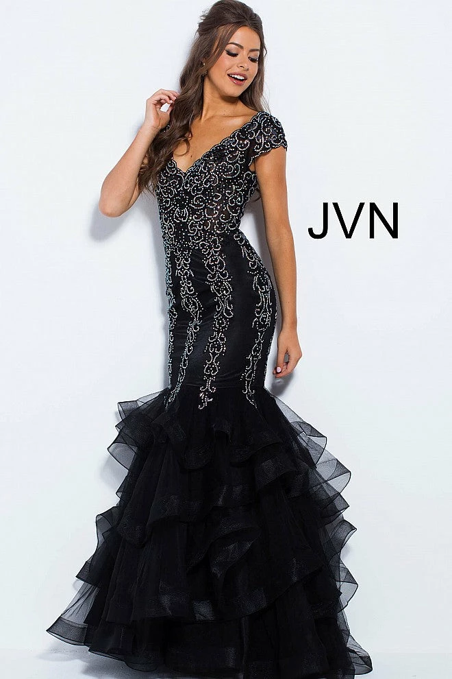 In Stock Mermaid Dresses Jovani JVN 55878 Black Size 2 Cap Sleeve Mermaid Prom Dress Embellished Evening Gown 5 In Stock Mermaid Dresses Jovani JVN 55878 Black Size 2 Cap Sleeve Mermaid Prom Dress Embellished Evening Gown