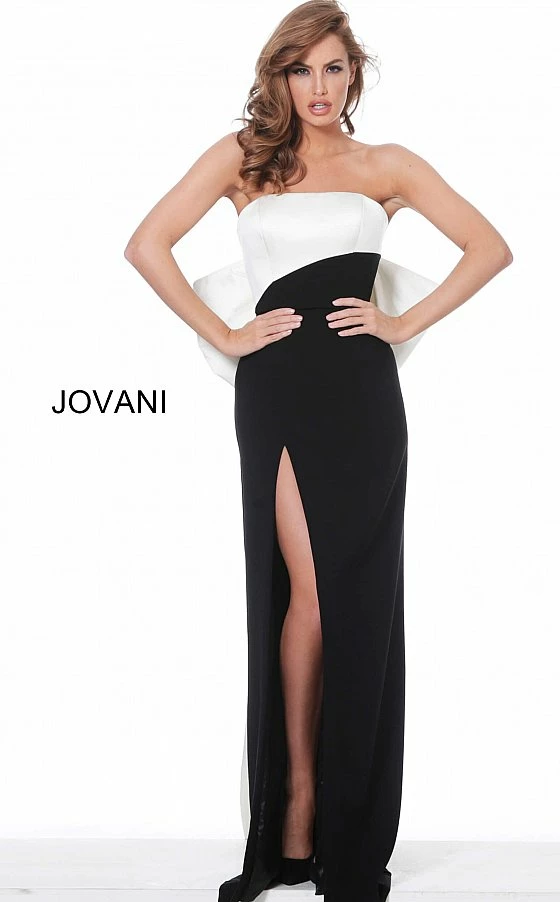 Jovani 1998 Black Ivory High Slit Evening Gown With Large Bow In Back 5 Jovani 1998 Black Ivory High Slit Evening Gown With Large Bow In Back