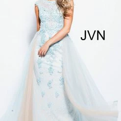 JVN By Jovani 58023 In Stock Royal 0 High Neck Prom Dress Overskirt Lace Cap Sleeve